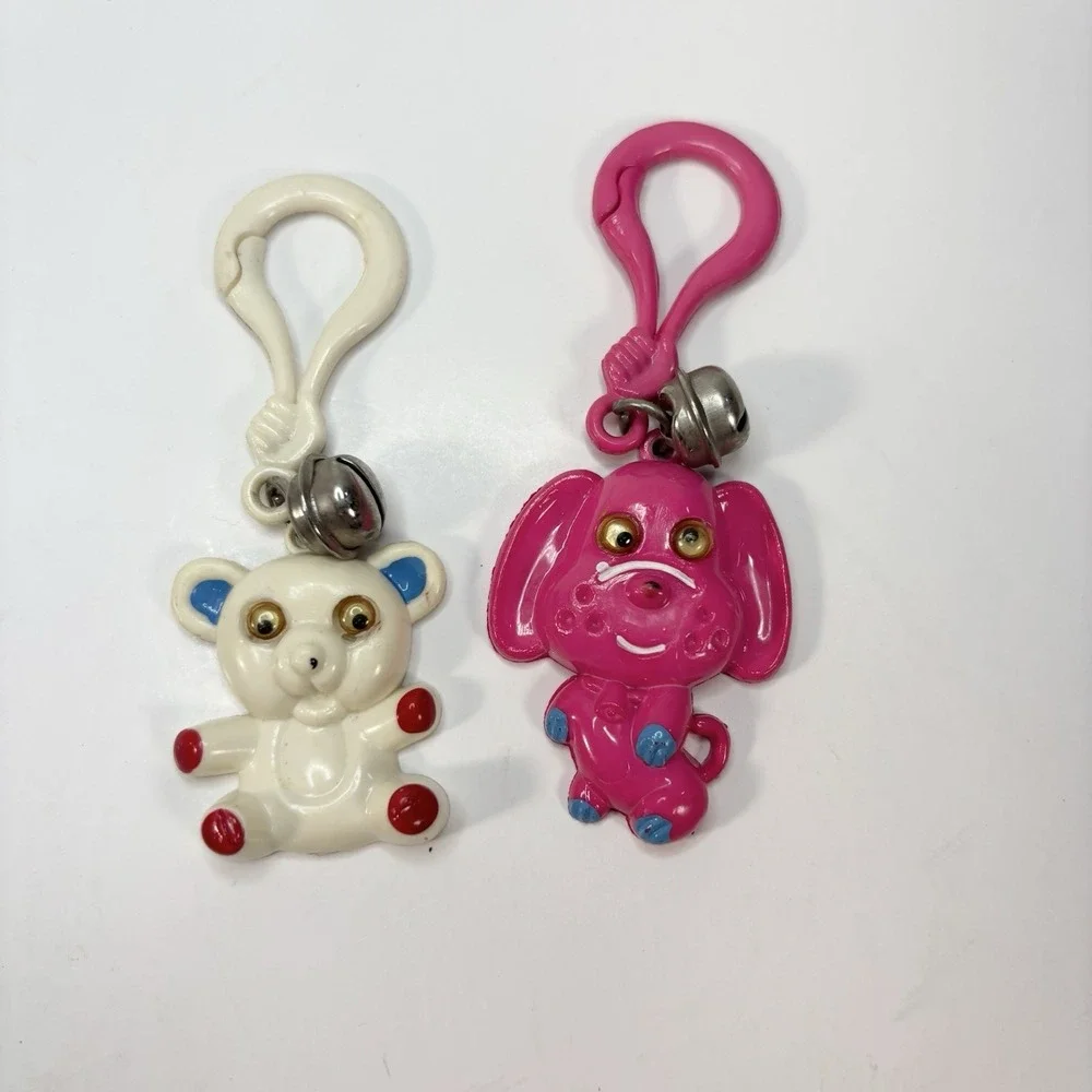 Vtg 80s Plastic Clip Bell Charm Googly Eye Teddy Bear Dog Car Set Of 3